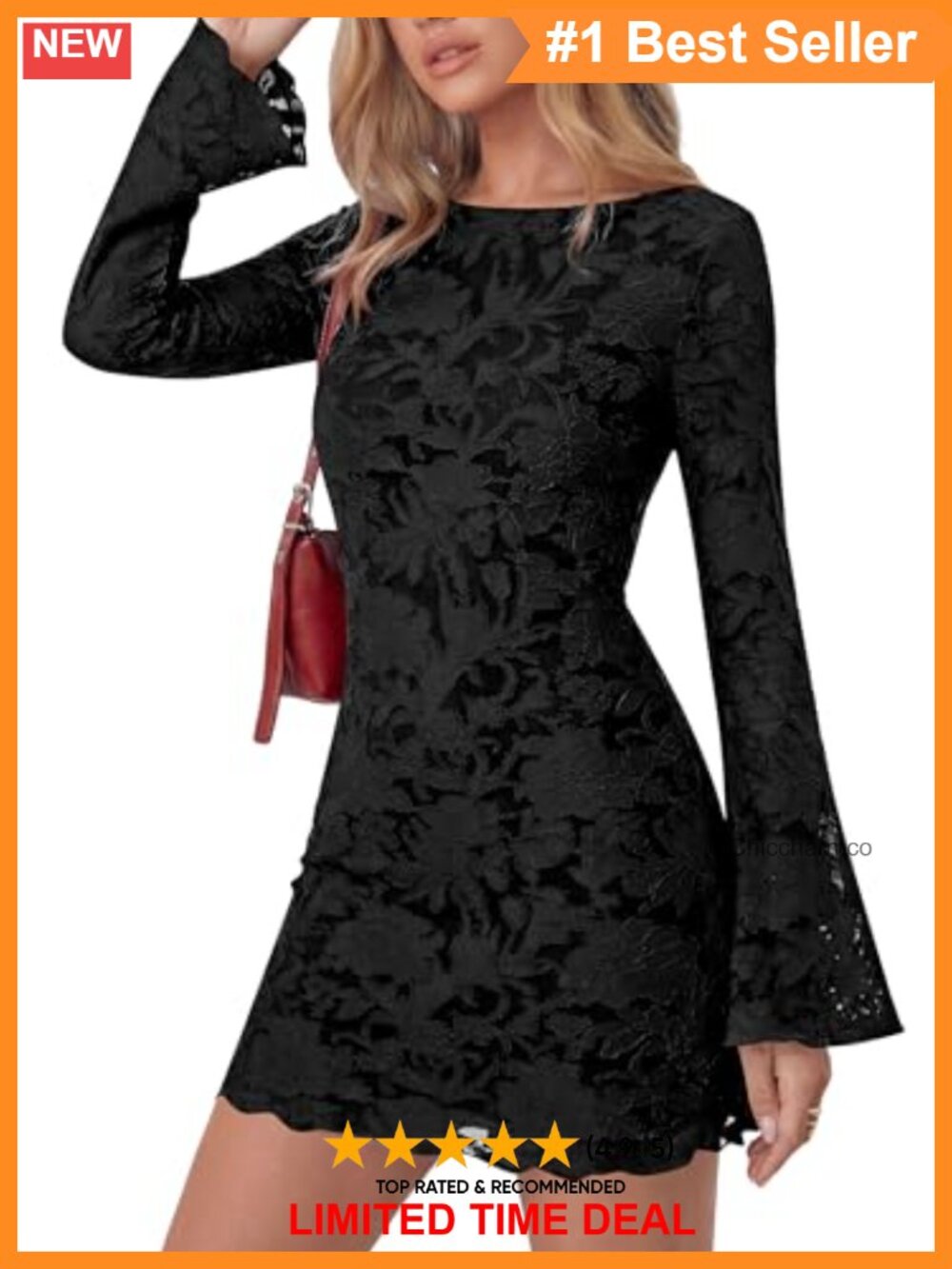 Women's Floral Mesh Long Sleeve Bodycon Mini Dress Boat Neck Bell Sleeve